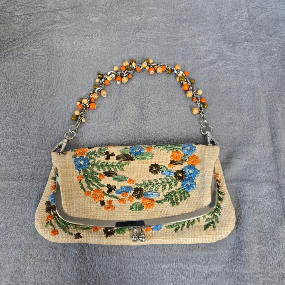 Rafe for Target Straw Floral Embroidered Clutch Beaded Chain Strap Handbag Tan‎